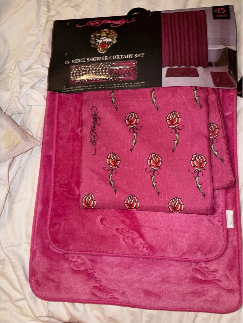 Ed Hardy 15pc Shower Curtain Set Hot Pink Rose Flowers Rugs NWT